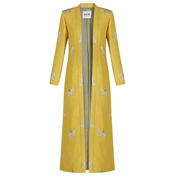 Roqaia Fashion House Embroidered Yellow Horse Motif Kaftan Size S NWT